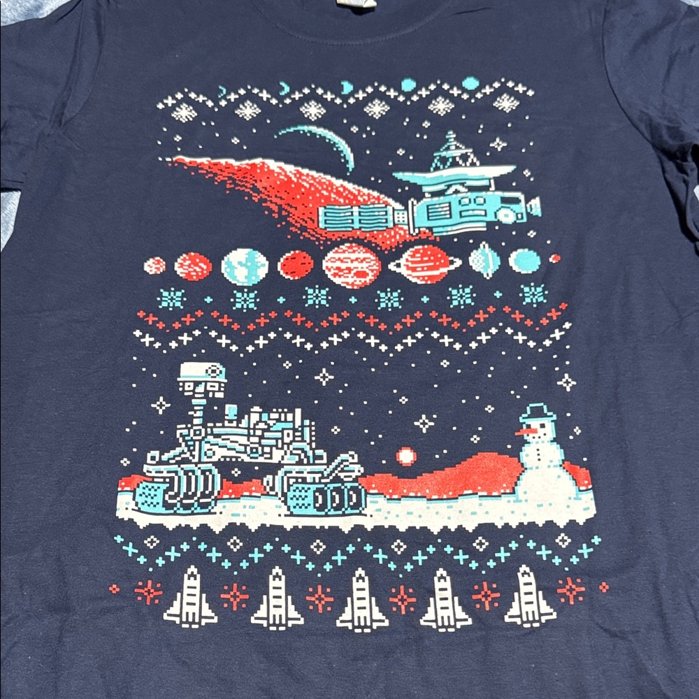 Gildan Kids Space Ugly Christmas Sweater T-Shirt Navy Blue Mars Rover NASA M